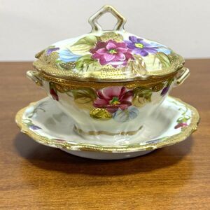 Antique Mikado Japan Condiment Server Vintage Hand Painted with Lid Floral Gold